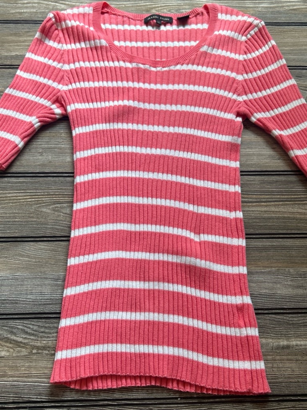 JEANNE PIERRE Coral and White Striped Ribbed Scoop Neck Sweater